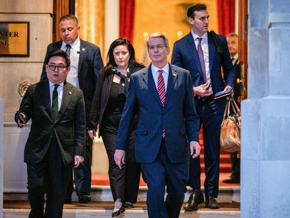 U.S. Treasury Secretary Scott Bessent, second right, departs after trade talks at Lancaster House in London on Tuesday.