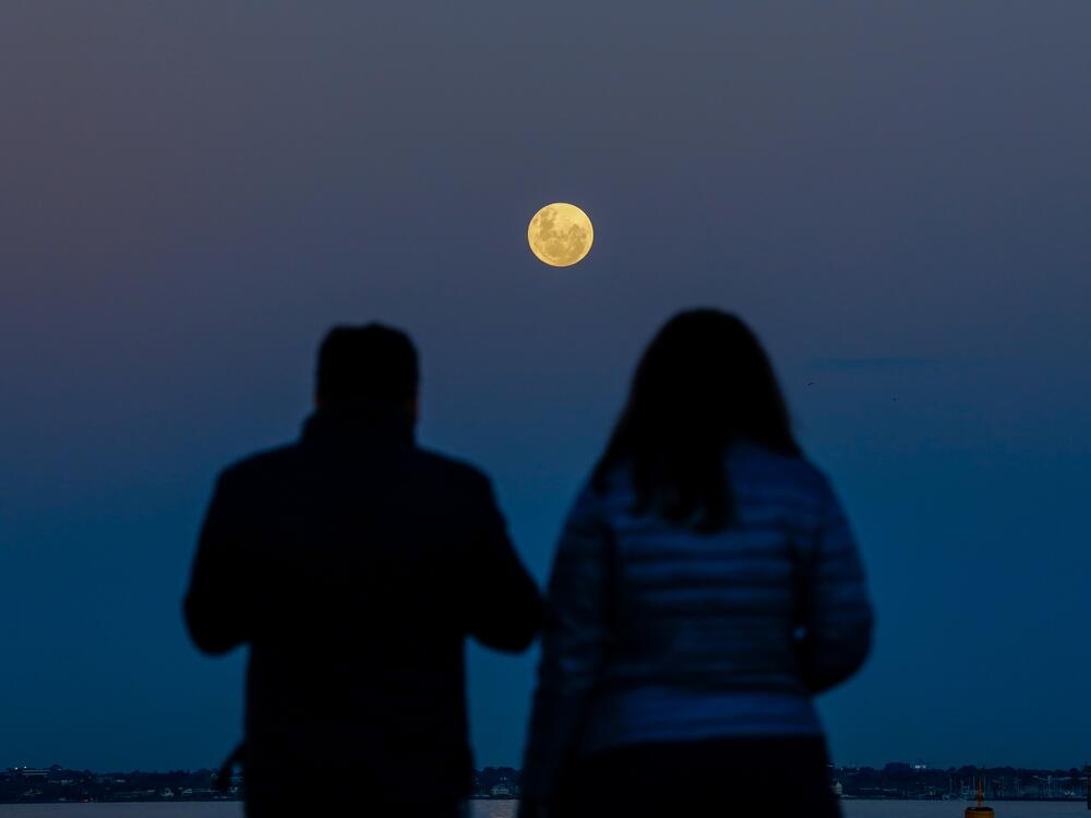 A couple watches the strawberry full moon rise at Williamstown Beach. The moon illuminated the night sky over the beach in Melbourne, Australia, attracting many to observe the rare event. The June full moon, traditionally called the strawberry moon, signals the time of strawberry harvesting. This year's moon appeared approximately 14% larger and 30% brighter than usual due to its closer proximity to Earth.