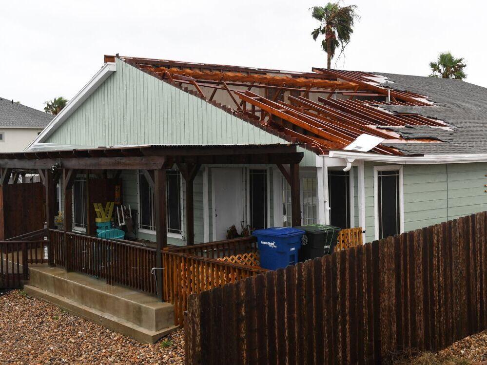The winds in a hurricane can damage or tear off a house's roof, like this Texas home hit by Hurricane Harvey in 2017.