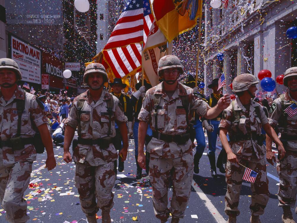 Soldiers walk in the Desert Storm Victory Military Parade in Washington, D.C., in 1991.