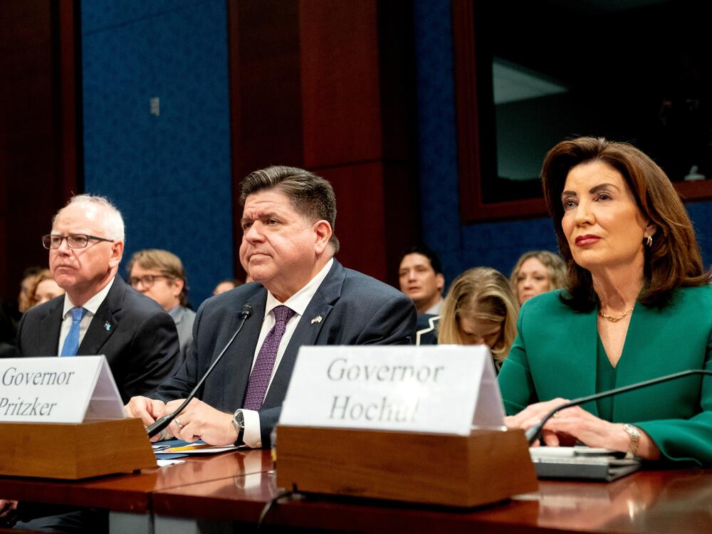 Tim Walz, governor of Minnesota, from left, J.B. Pritzker, governor of Illinois, and Kathy Hochul, governor of New York, during a House Oversight and Accountability Committee hearing in Washington, DC, US, on Thursday, June 12, 2025. For Republicans, the hearing is a chance to amplify an issue important to President Donald Trump and perhaps regain control of the sanctuary narrative after DHS published a list of jurisdictions it identified as hostile to immigration law enforcement, and then pulled it down a…
