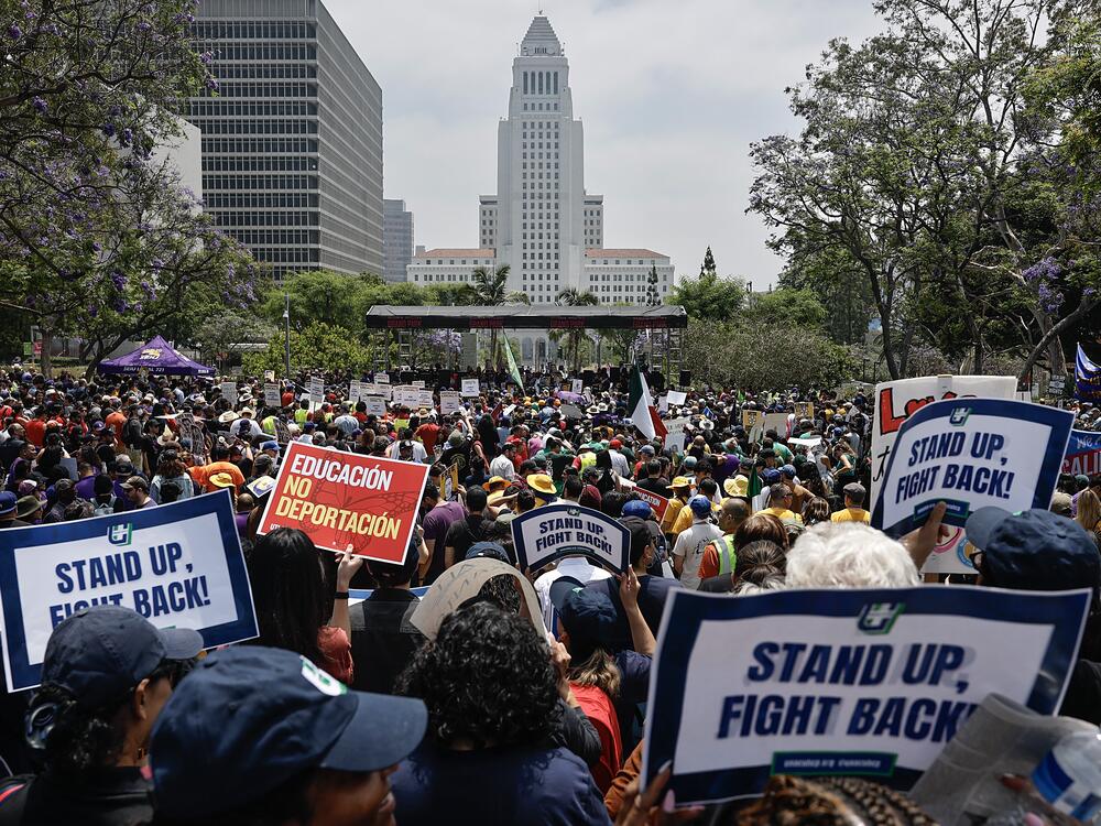 Union members and supporters rally in Grand Park calling for the release of union leader David Huerta, who was arrested during an immigration enforcement action on June 9 in Los Angeles.