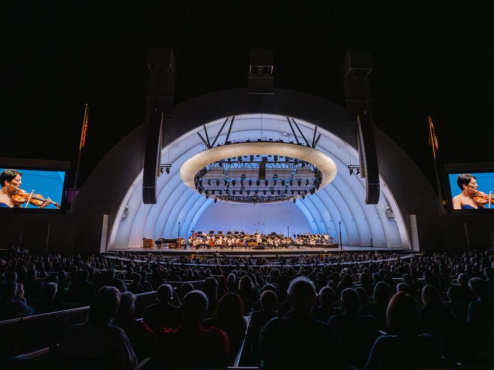 Violinist Anne Akiko Meyers performs at the Hollywood Bowl in Los Angeles, California in 2023.
