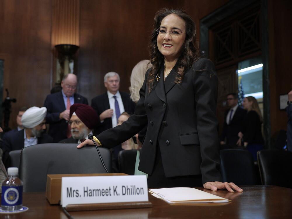 Harmeet Dhillon, President Trump's then-nominee for assistant attorney general for civil rights, prepares for her confirmation hearing before the Senate Judiciary Committee on Feb. 26.