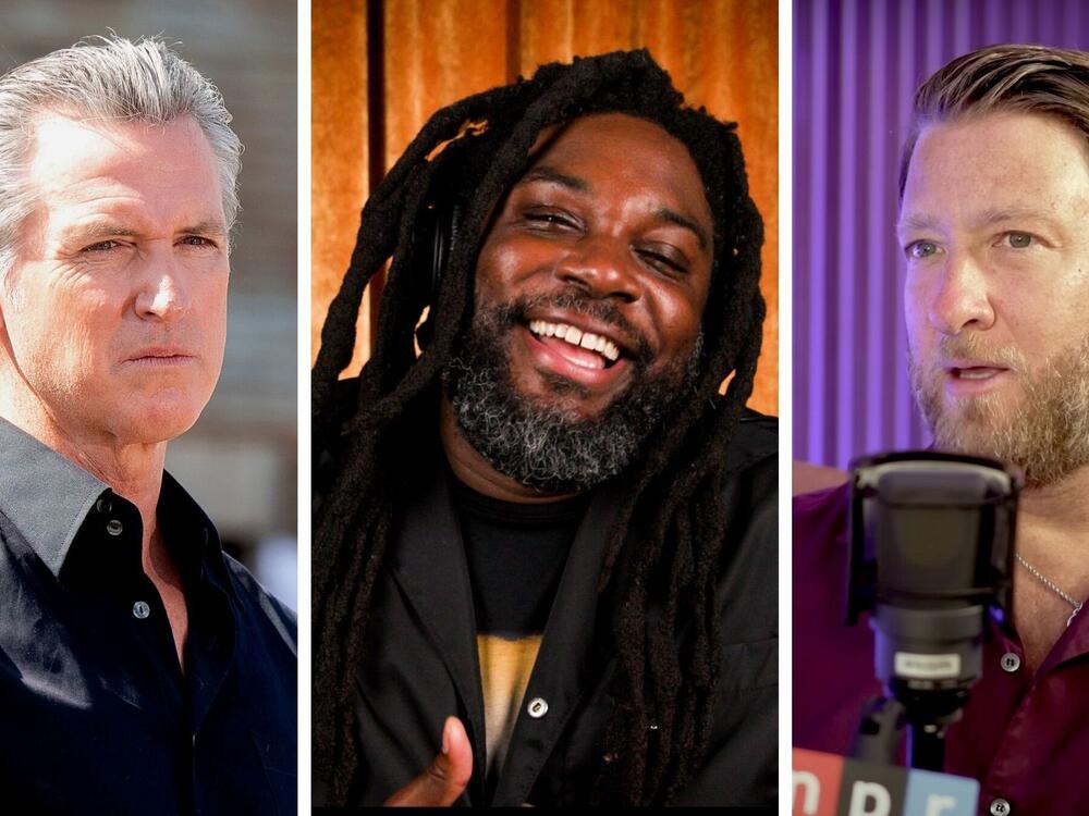From left: Gavin Newsom; Jason Reynolds; Dave Portnoy.