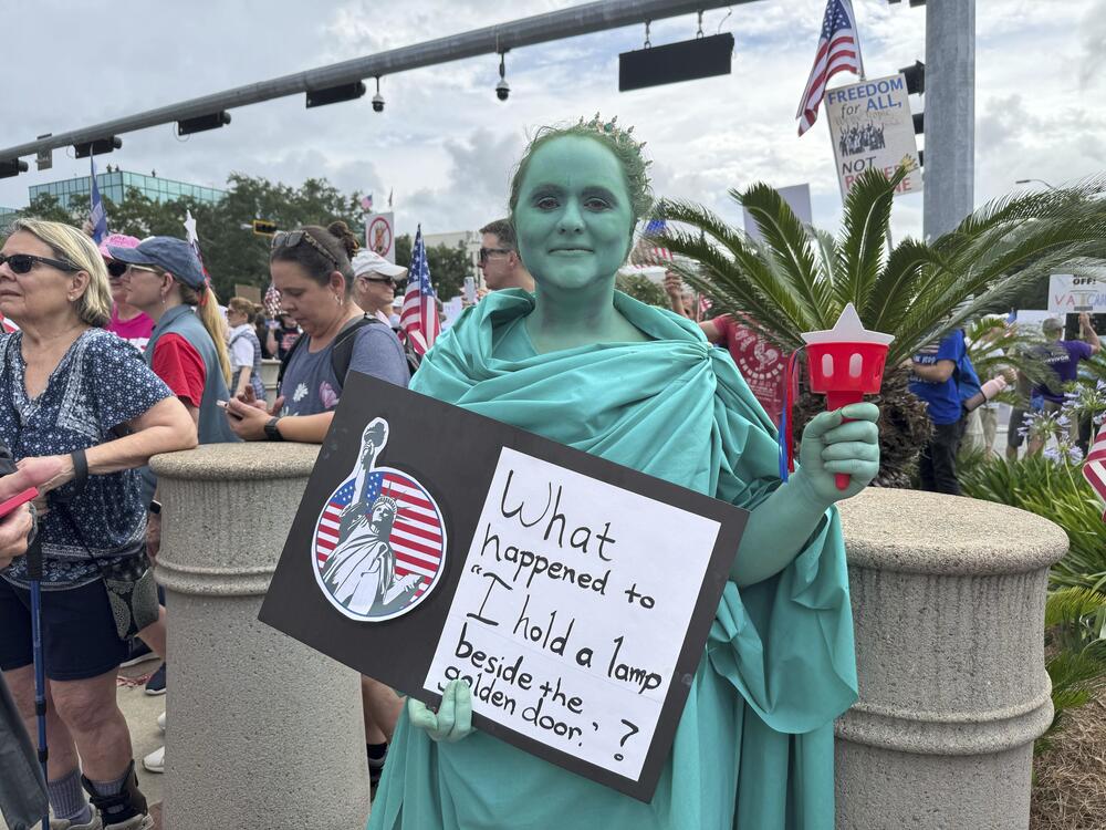 Tallahassee, Fla: Anna Marie Shealy dressed as Lady Liberty for the No Kings protest.