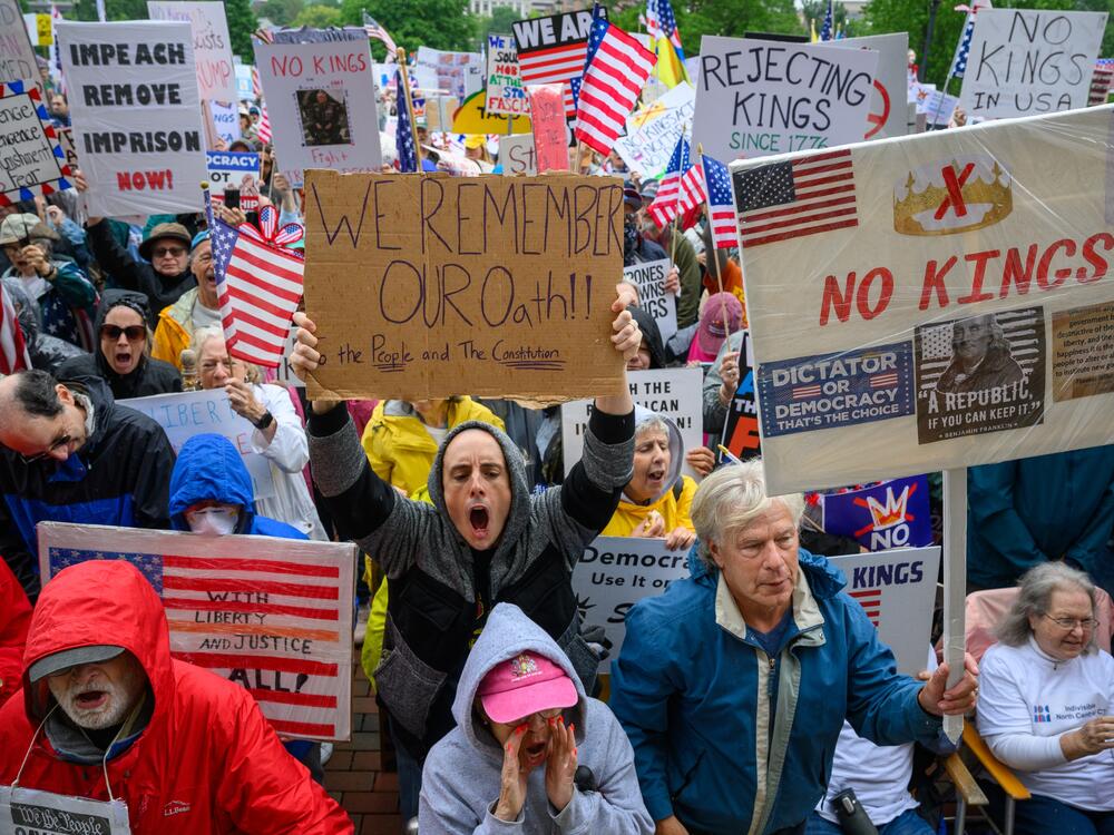 Hartford: Demonstrators outside The Connecticut State Capitol chant during a No Kings protest that event organizers said an estimated 7000 people attended.