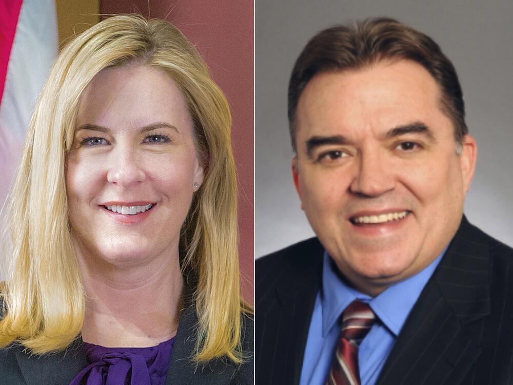 This combo from photos provided by Minnesota Legislature shows Rep. Melissa Hortman, left, and Sen. John Hoffman. Hortman, a former state House speaker, and her husband, Mark, were shot and killed at their home early Saturday, officials said. In a separate incident Hoffman and his wife were shot and wounded at their home.