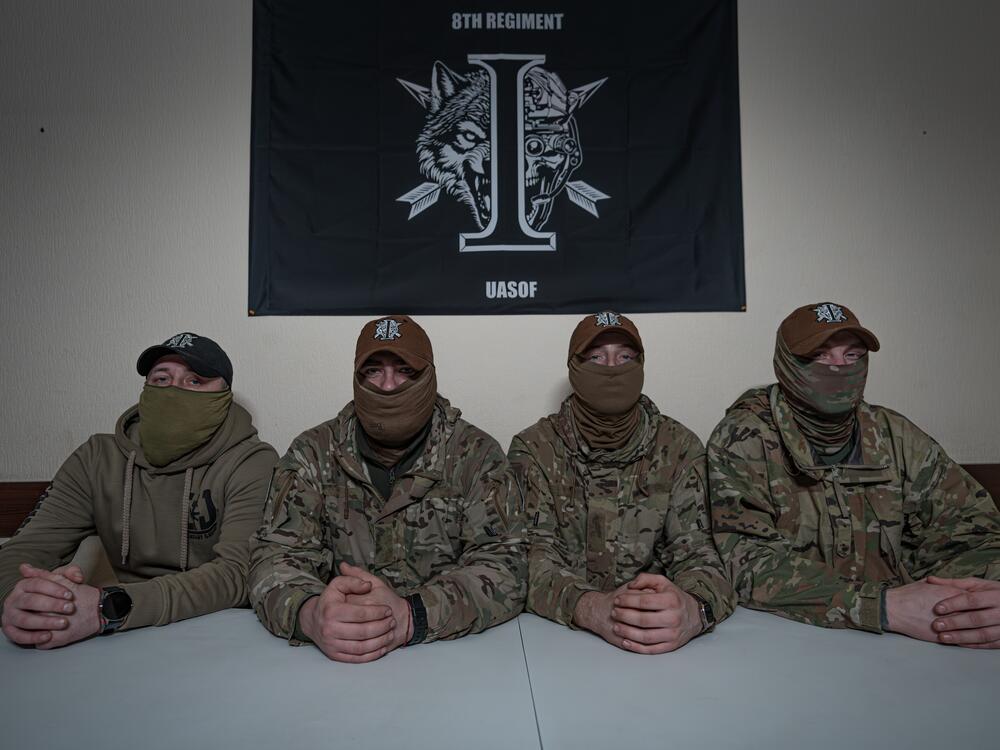 Special operations soldiers from Ukraine's 8th regiment fought North Korean troops in Kursk earlier this year. Pictured here are Volodymyr (left), 35, Kot (center left), 25, Shchuka (center right), 25, and Bulat (right), 25. 