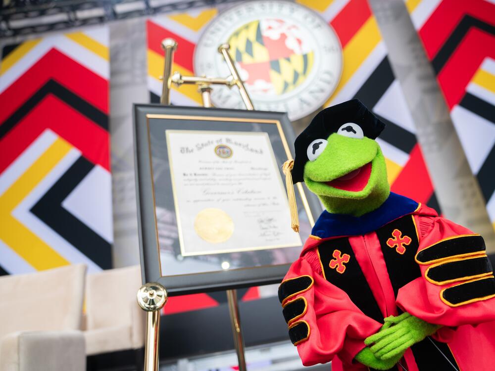 Kermit the Frog practices his University of Maryland commencement address in College Park, Maryland, on May 22, 2025.