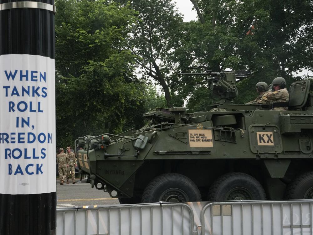 Members of the U.S. Army drive a Stryker infantry carrier vehicle during Saturday's 250th anniversary parade in Washington, D.C.