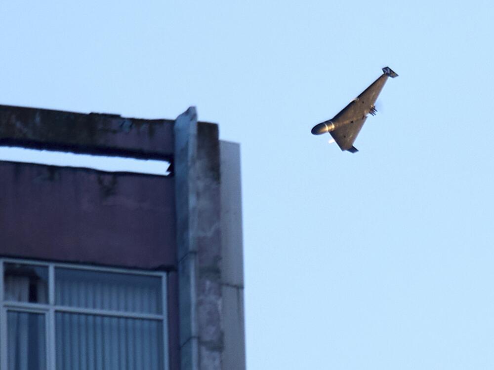 A Russian drone attacks a building during Russia's massive missile and drone air attack in Kyiv, Ukraine, on Tuesday.