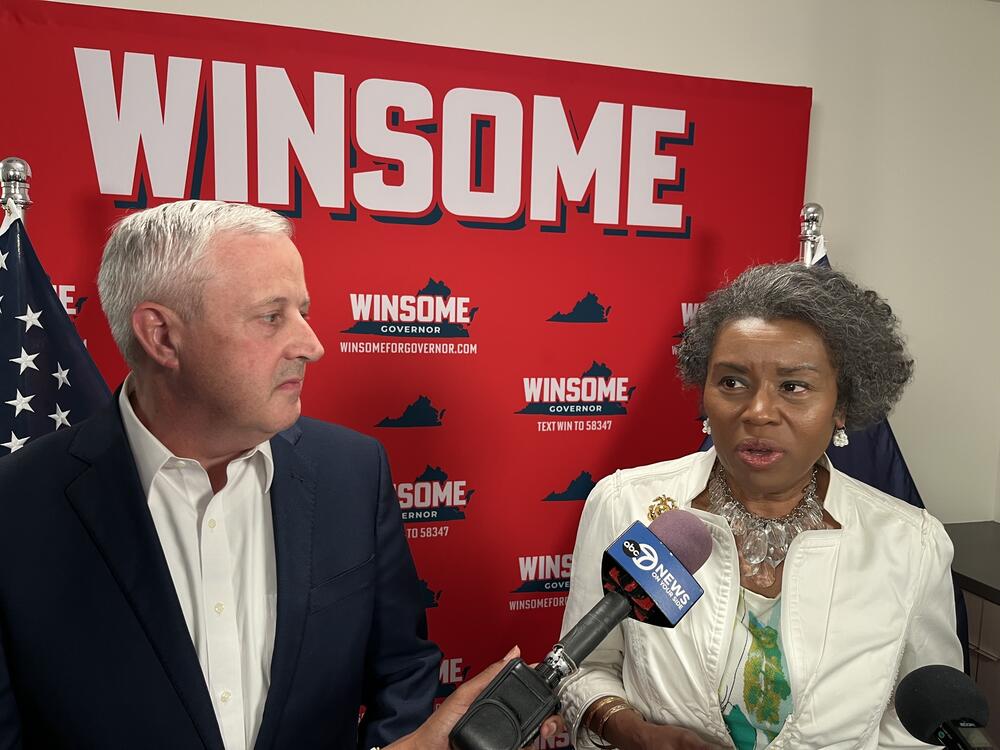Lt. Gov. Winsome Earle-Sears takes press questions at a June 2025 event with Republican National Committee chairman Michael Whatley.