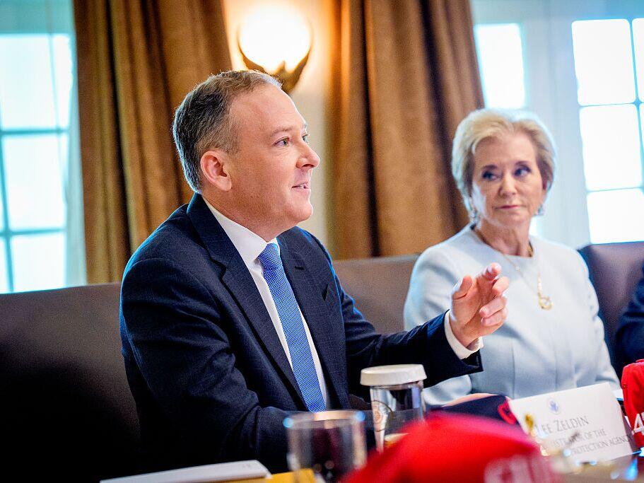 EPA Administrator Lee Zeldin, accompanied by Education Secretary Linda McMahon (R), speaks during a Cabinet meeting at the White House on April 30, 2025 in Washington, DC.