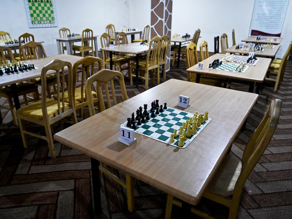 Chessboards have no players at the Kabul Elite Chess Club in Kabul after Taliban authorities have barred the game across Afghanistan.