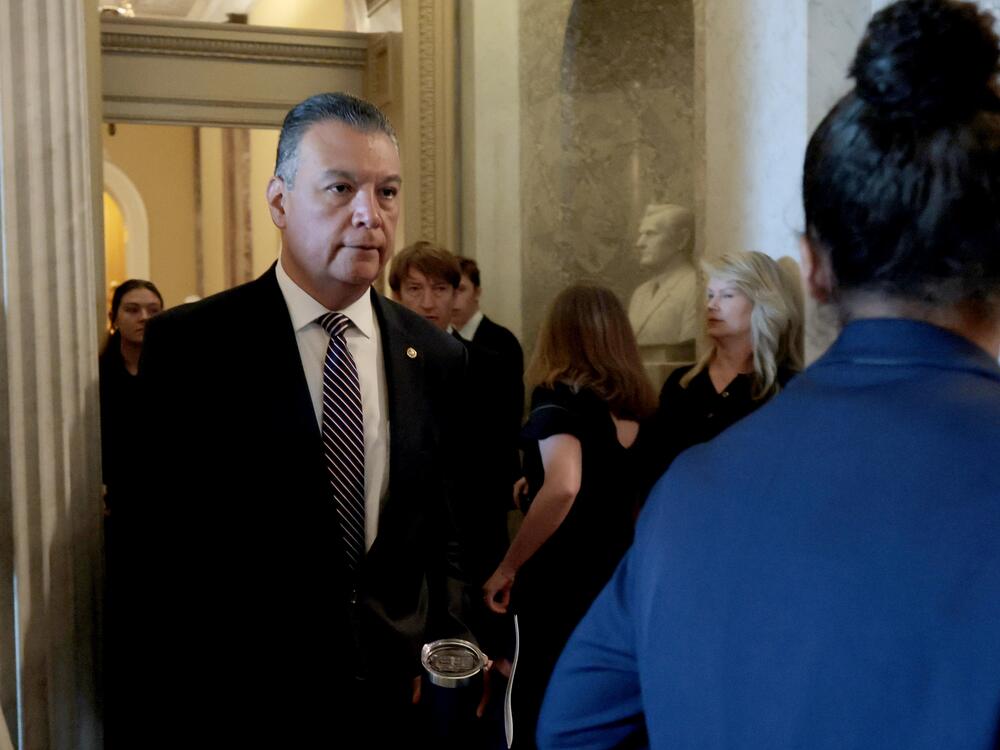 Sen. Alex Padilla, D-Calif., walks to the Senate chambers on Tuesday to deliver his first remarks on the Senate floor since he was forcefully removed from a DHS press conference last week.