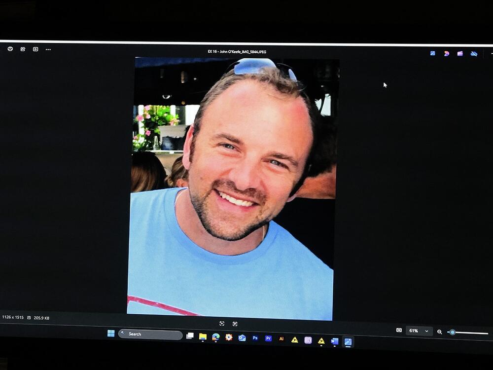 A photograph of John O'Keefe is displayed during questioning in Karen Read's trial in May.