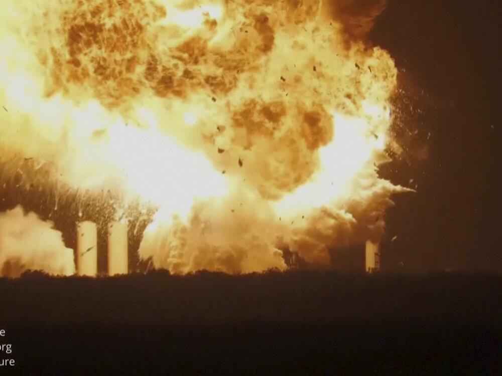 This image provided by rocketfuture.org shows a SpaceX rocket explodes at Starbase, SpaceX's launch site at the southern tip of Texas late Wednesday, June 18, 2025.