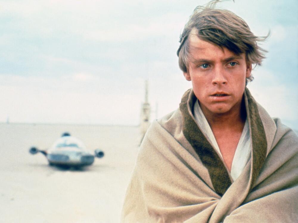 Actor Mark Hamill on the set of <em>Star Wars</em>.