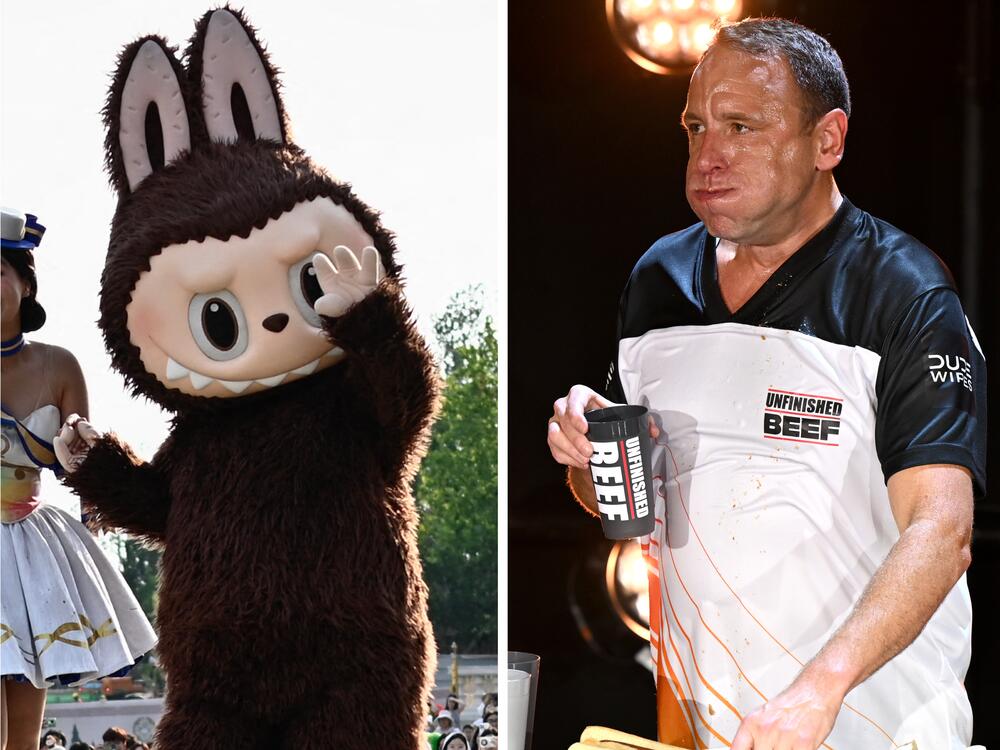 From left: a Labubu, Joey Chestnut, Dominique Thorne.