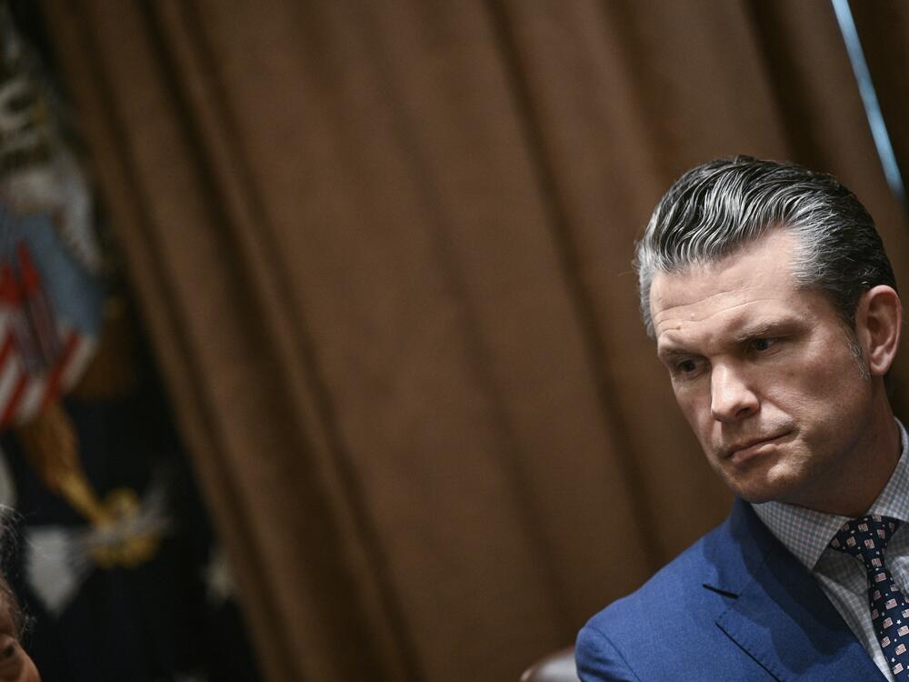Secretary of Defense Pete Hegseth looks on during a cabinet meeting with President Trump in the Cabinet Room of the White House on April 10.