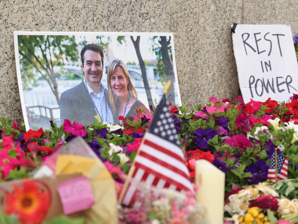 A makeshift memorial for Minnesota State Rep. Melissa Hortman and her husband Mark Hortman is seen at the Minnesota State Capitol on June 16, 2025, in St. Paul.