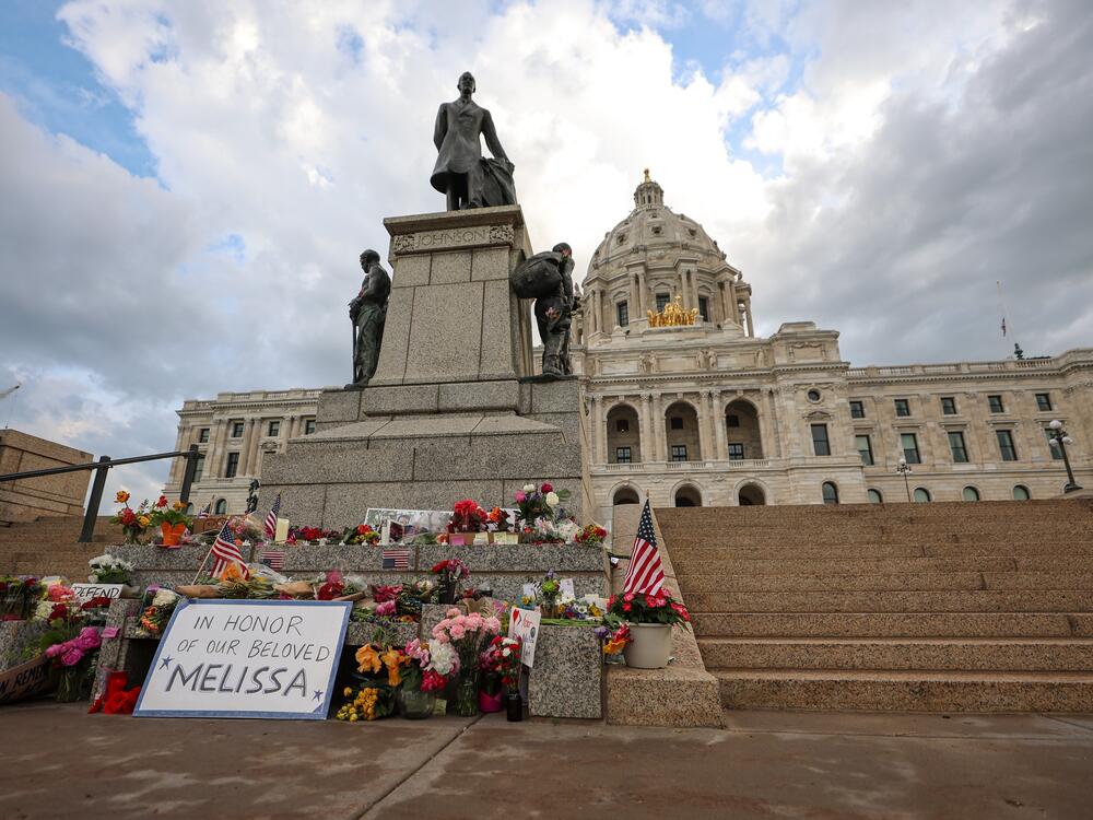 A makeshift memorial for State Rep. Melissa Hortman and her husband Mark Hortman is seen at the Minnesota State Capitol building on June 16 in St. Paul, Minn.