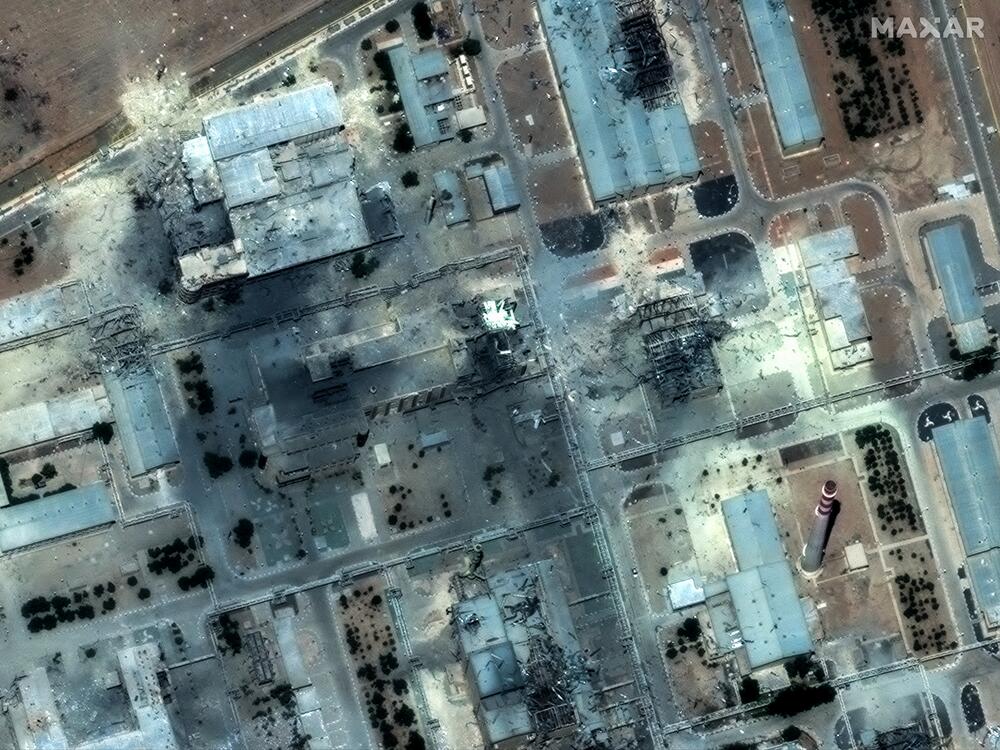 A satellite image shows damaged buildings at the Isfahan nuclear site. The site was struck by cruise missiles launched from a U.S. submarine.