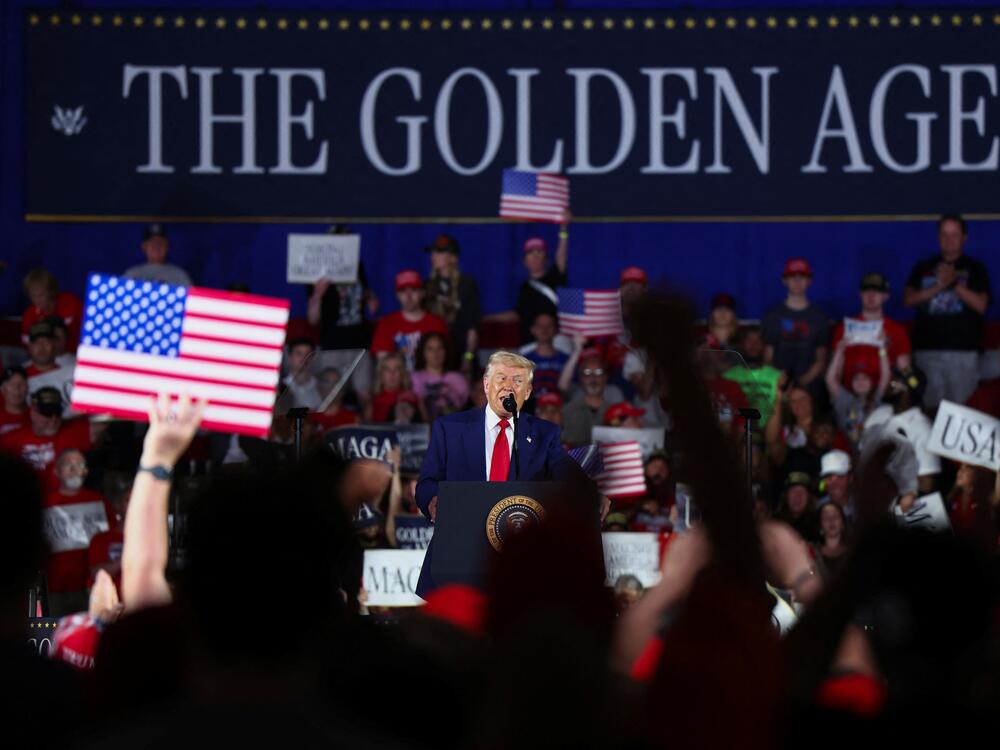 U.S. President Donald Trump speaks during a rally to mark his 100th day in office, at Macomb Community College in Warren, Michigan, U.S., April 29, 2025.