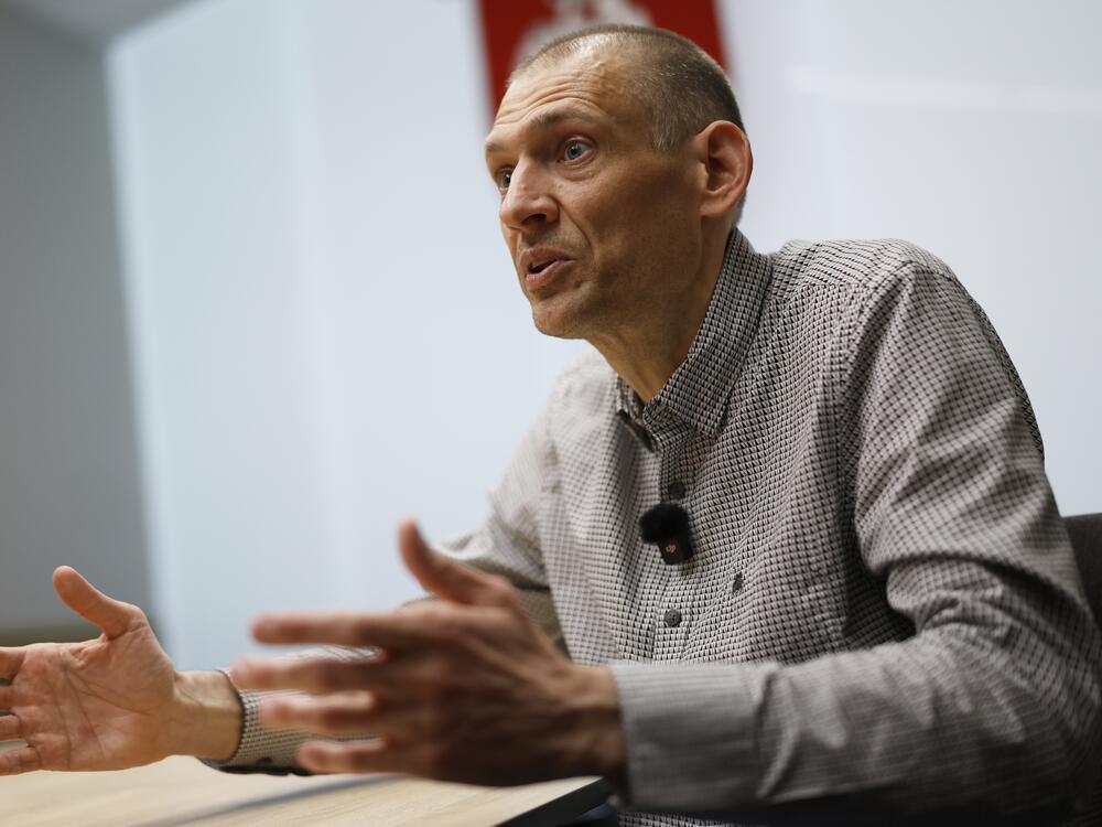 Syarhei Tsikhanouski, a Belarusian opposition activist released from a prison by Belarusian authorities, speaks during an interview with the Associated Press in Vilnius, Lithuania, Sunday, June 22, 2025.