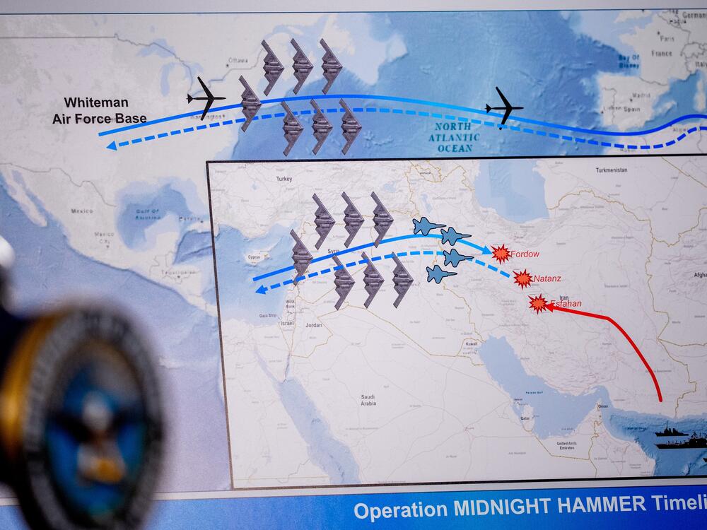 An operational timeline of a strike on Iran is displayed during a news conference with Chairman of the Joint Chiefs of Staff Air Force Gen. Dan Caine and U.S. Defense Secretary Pete Hegseth at the Pentagon on June 22.