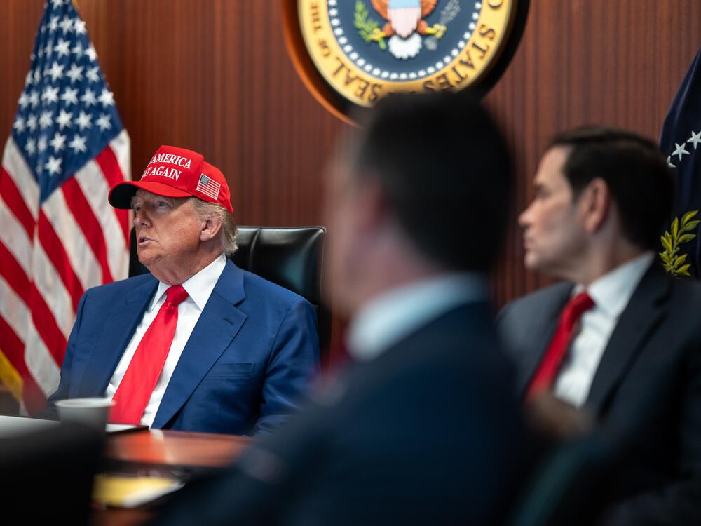 In this handout provided by the White House, President Trump, Defense Secretary Pete Hegseth and Secretary of State Marco Rubio sit in the Situation Room as they monitor the military strikes against three Iranian nuclear facilities on Saturday.
