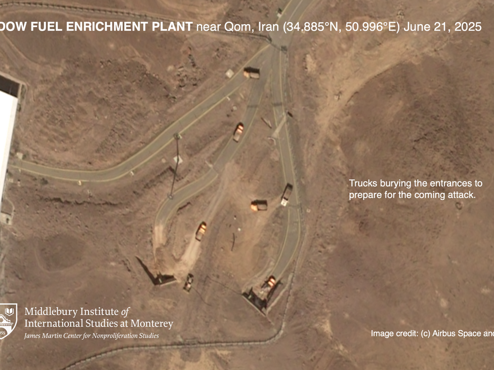 An image supplied by the Middlebury Institute of International Studies at Monterey shows trucks at the entrance of the Fordo enrichment facility the day before a U.S. strike on the site. Experts believe Iran could have spirited away its supply of highly enriched uranium in advance of the attacks.