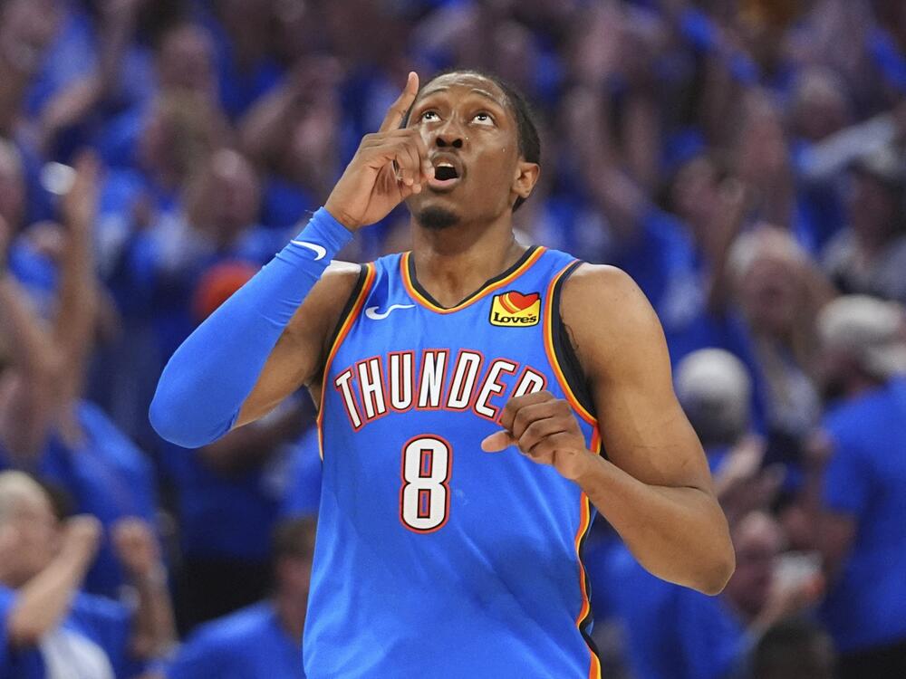Oklahoma City Thunder forward Jalen Williams reacts after making a 3-pointer during the second half of Game 7 of the NBA Finals against the Indiana Pacers on Sunday. The Thunder defeated the Pacers to win their first NBA title since moving to Oklahoma City.