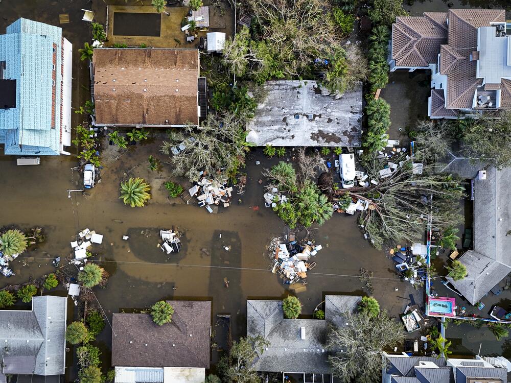 A drone image shows a flooded street due to Hurricane Milton in Siesta Key, Florida, on October 10, 2024.