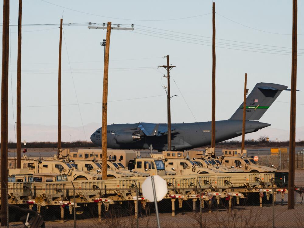 A United States Air Force Boeing C-17 used for deportation flights is pictured at Biggs Army Airfield in Fort Bliss, El Paso, Texas in February 2025.