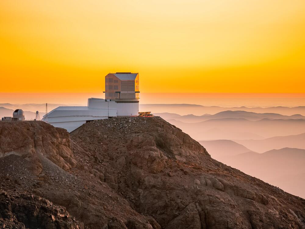 The Rubin Observatory on Cerro Pachón in Chile at sunset.