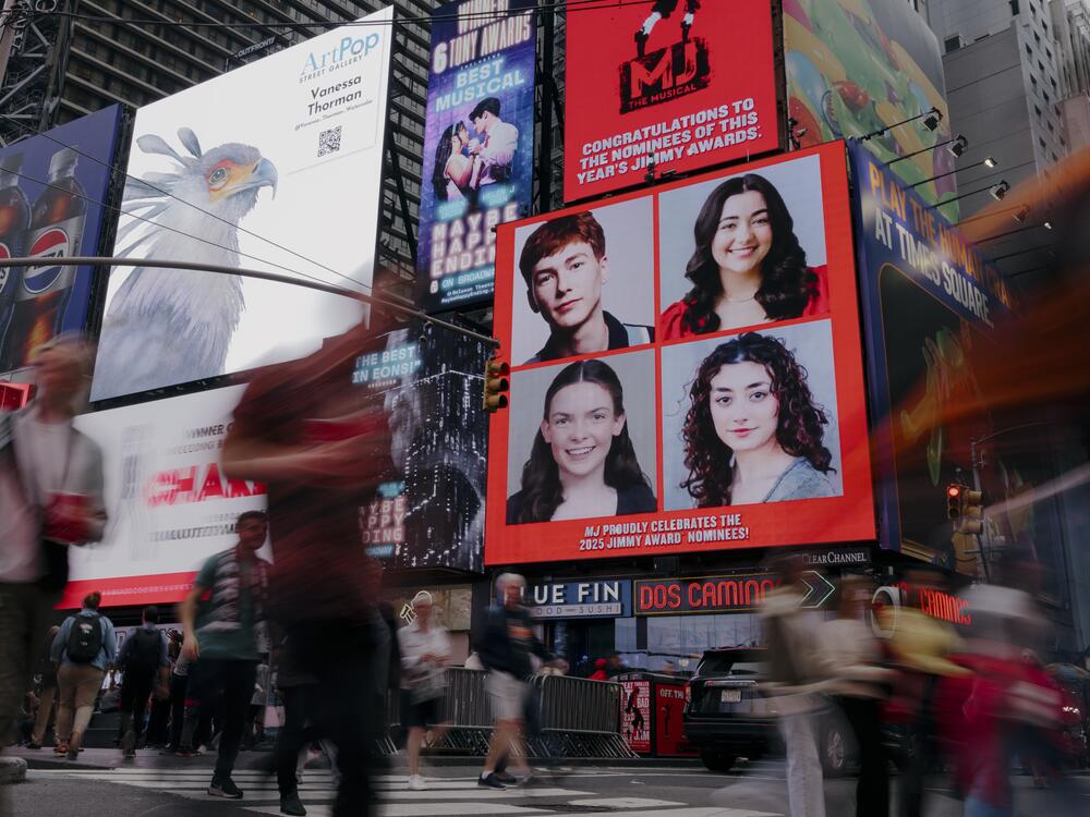 A billboard showcasing some of this year's nominees for The National High School Musical Theatre Awards, better known as the Jimmy Awards.
