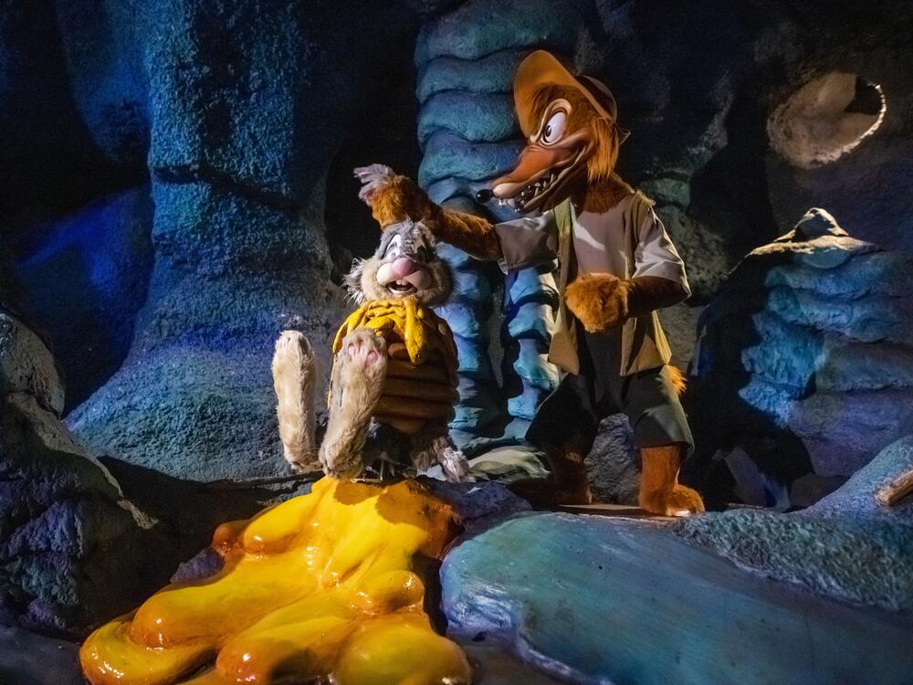 The Brer Rabbit and Brer Fox characters are seen in the Splash Mountain attraction at Walt Disney World Resort's Magic Kingdom on August 9, 2020, in Lake Buena Vista, Fla.