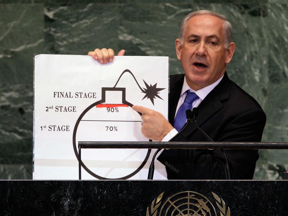 Israeli Prime Minister Benjamin Netanyahu shows an illustration as he describes his concerns over Iran's nuclear ambitions during his address to the 67th session of the United Nations General Assembly at U.N. headquarters, Sept. 27, 2012.