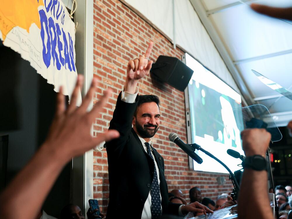 Zohran Mamdani, New York City mayoral candidate, celebrates at an election night event in New York early Wednesday morning as he takes an early lead.