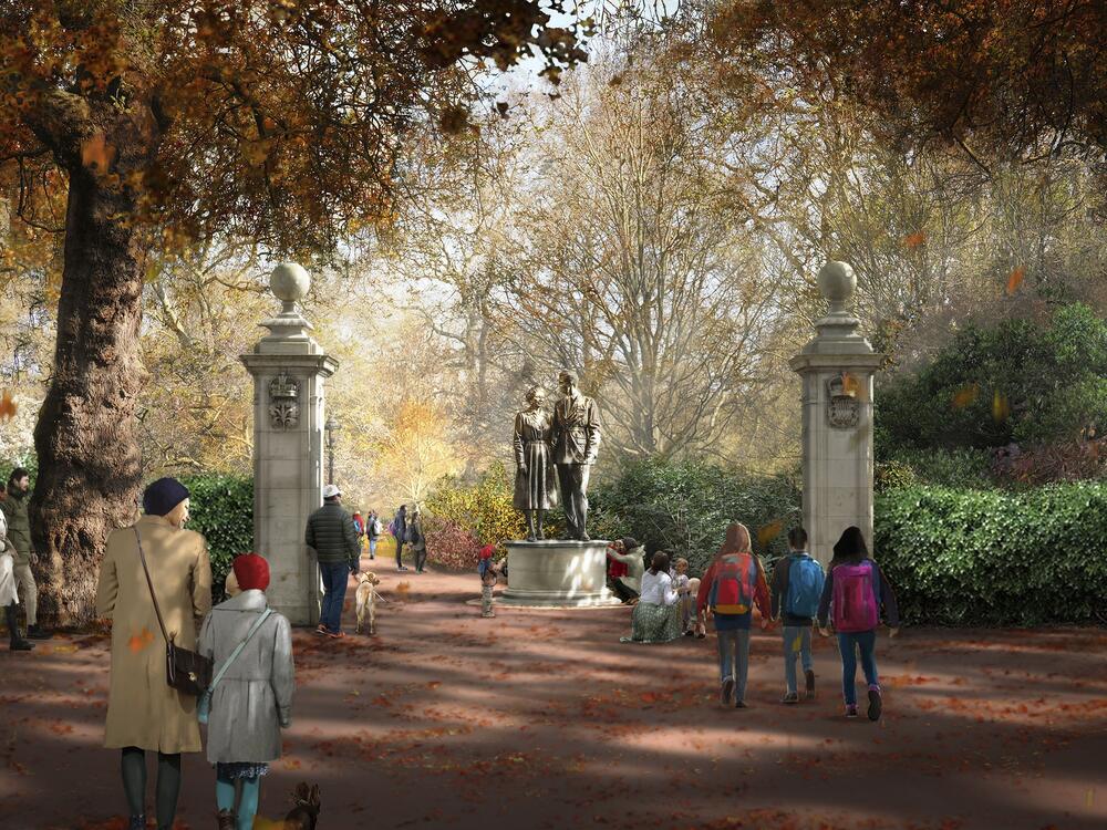 Foster + Partners' design concept features figurative sculptures of the queen and her husband Prince Philip.