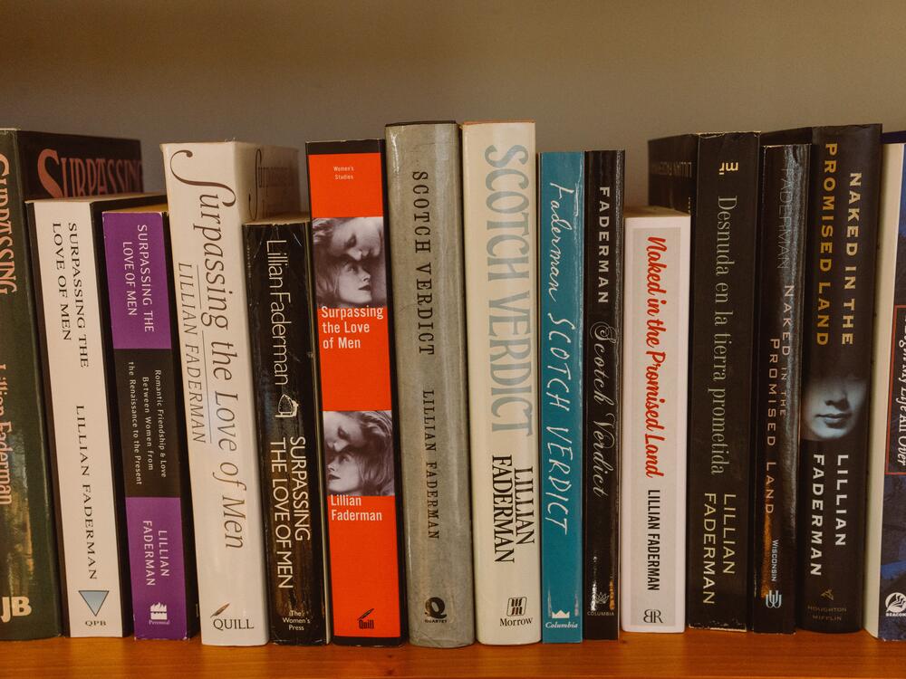 A small selection of books written by Lillian sit in the living room library of Lillian and Phyllis' home in La Jolla, Calif.