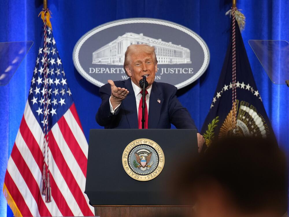 President Trump gestures while speaking at the Justice Department on March 14, 2025, in Washington, D.C.