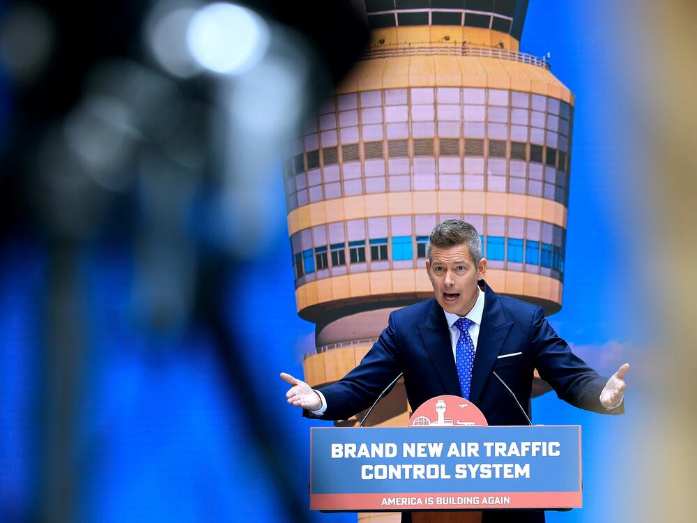 Transportation Secretary Sean Duffy speaks at an event on May 8 unveiling the Trump administration's plan for a new U.S. air traffic control system.