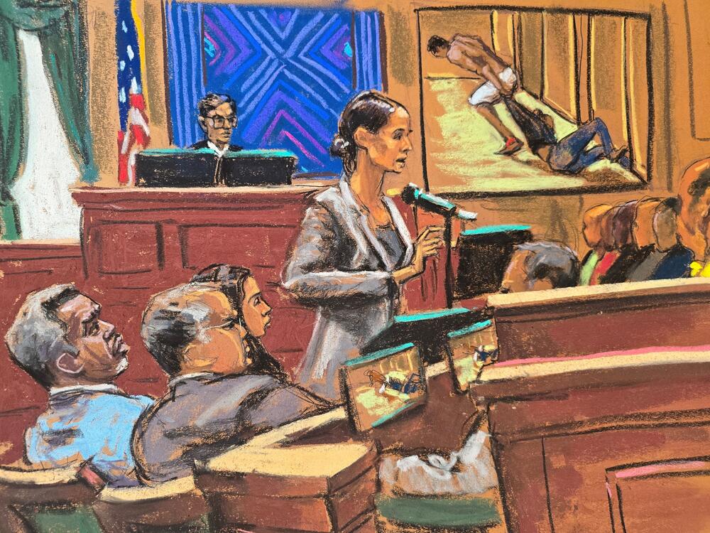 In a courtroom sketch, Sean Combs (left) listens alongside his lawyers Marc Agnifilo and Teny Geragos as Assistant U.S. Attorney Christy Slavik (center) makes her closing arguments as U.S. District Judge Arun Subramanian presides during Combs' sex trafficking trial in New York City.