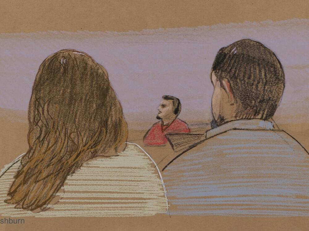 This courtroom sketch depicts Kilmar Abrego Garcia (center) in court during his detention hearing on June 25 in Nashville, Tenn.