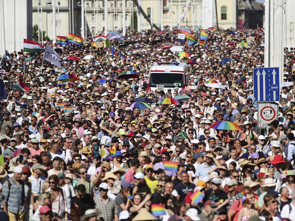 Participants in the Pride march cross the Elisabeth Bridge in Budapest, Hungary, on Saturday.
