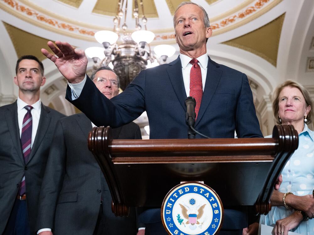 Senate Majority Leader John Thune, R-S.D., speaks with reporters following the weekly Senate Republican luncheon at the Capitol in Washington, DC, on June 24. Senate Republicans are working to quickly pass the 'One Big, Beautiful Bill,