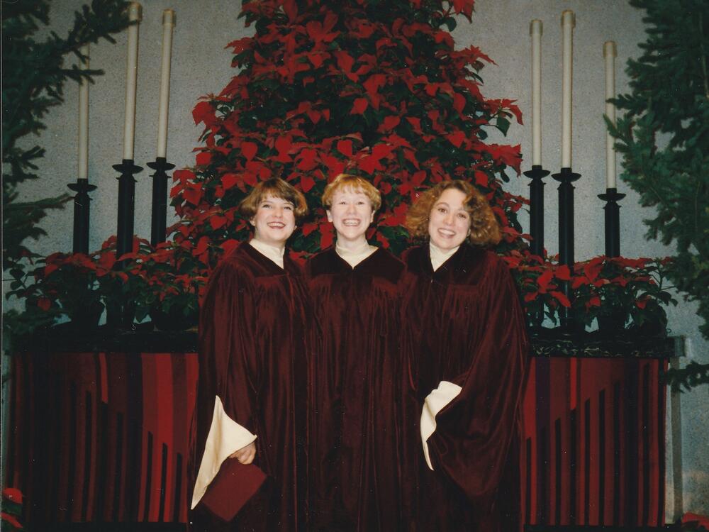 Karen de Boer in 1992 with friends from her college choir. From left: Katie Pearson, Rachael Denny and Karen de Boer.